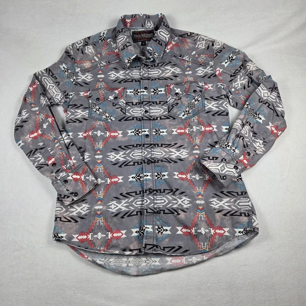Rock & Roll Cowboy Snap Shirt‎ Men's Medium Aztec Southwest Distressed